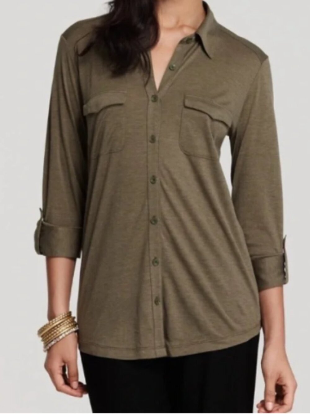Eileen Fisher Silk Cotton Jersey Camp Style Shirt, Olive Green - Womens Large